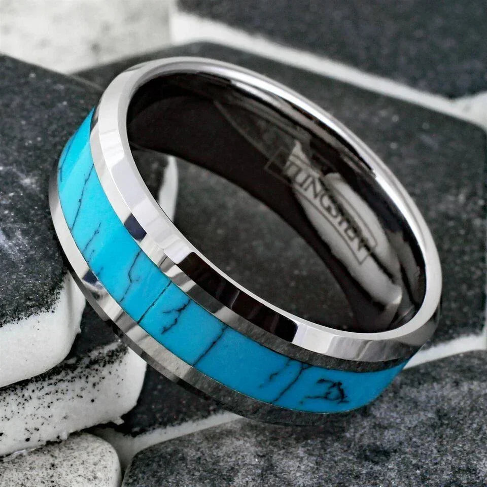 6mm Tungsten Carbide Wedding Band Ring for Men & Women – Turquoise Center Design - Jewelry Store by Erik Rayo