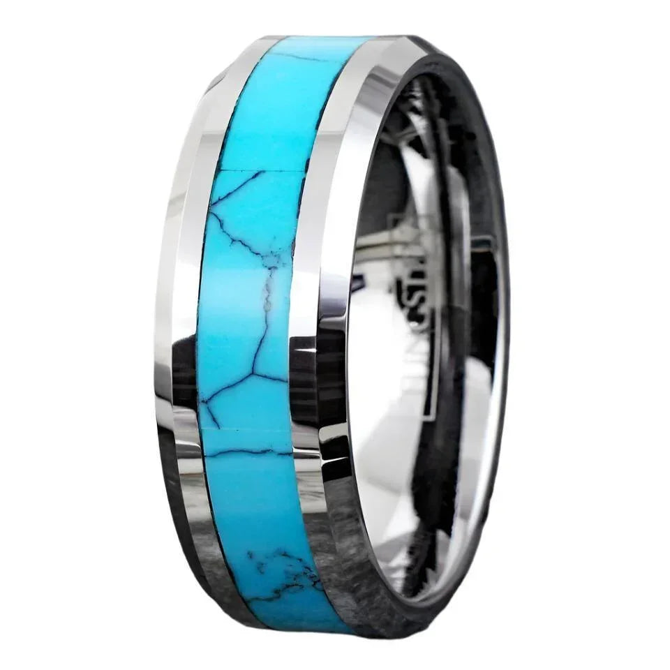 6mm Tungsten Carbide Wedding Band Ring for Men & Women – Turquoise Center Design - Jewelry Store by Erik Rayo