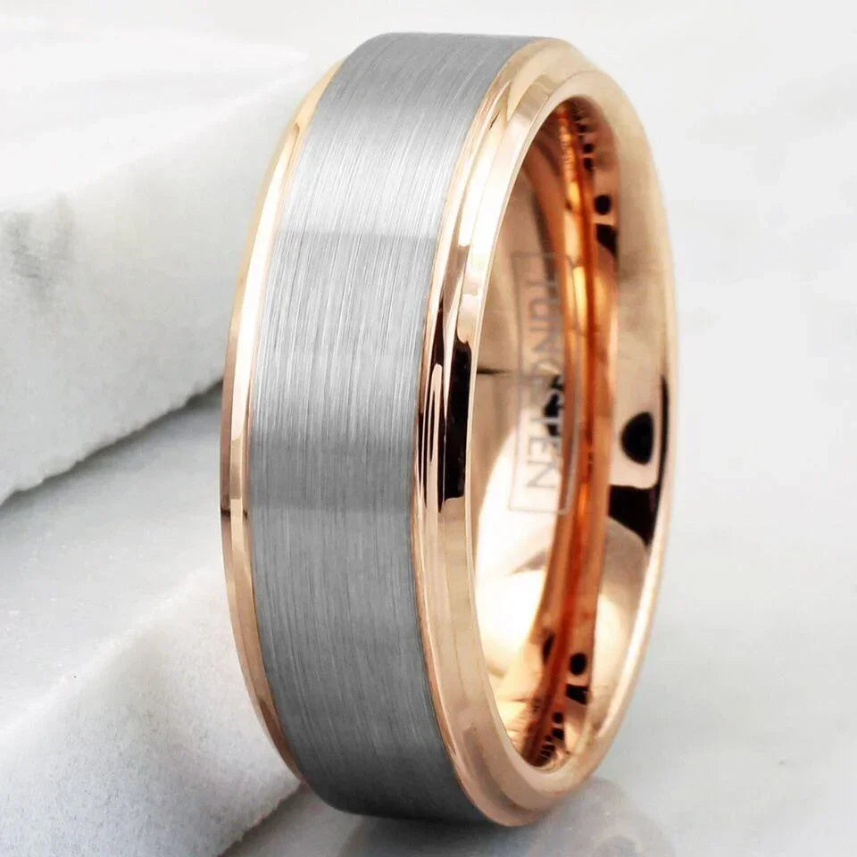 Men's Wedding Band Rings - Silver Rose Gold Plated Brushed Center - Wedding Rings for Men and Women - Jewelry Store by Erik Rayo