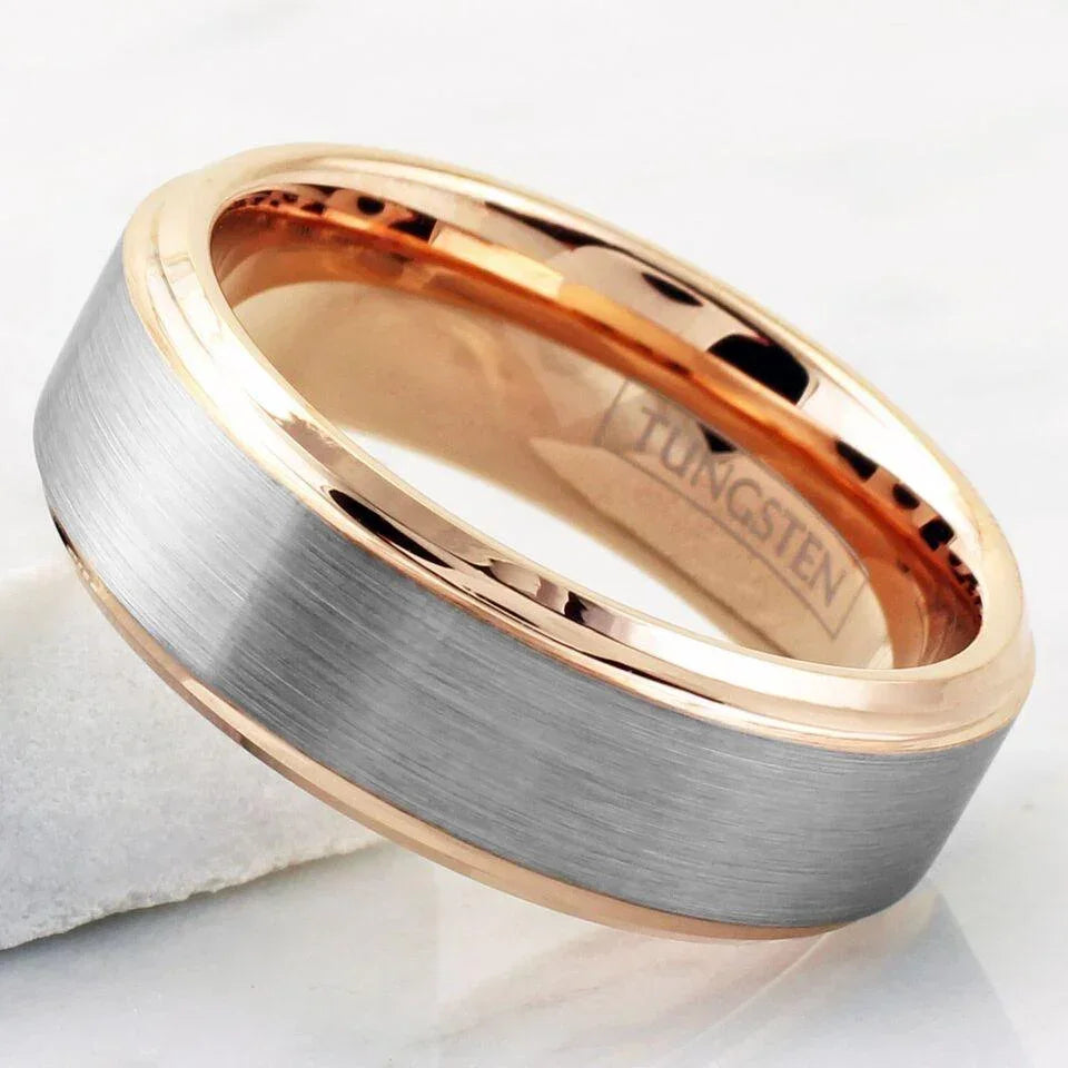 Men's Wedding Band Rings - Silver Rose Gold Plated Brushed Center - Wedding Rings for Men and Women - Jewelry Store by Erik Rayo