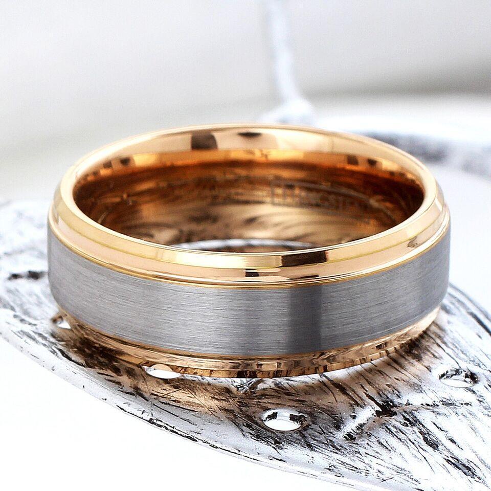 6mm Silver Tungsten Carbide Wedding Band Ring for Men & Women – Rose Gold Plated Brushed Center Design - Jewelry Store by Erik Rayo