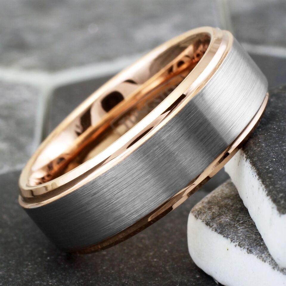6mm Silver Tungsten Carbide Wedding Band Ring for Men & Women – Rose Gold Plated Brushed Center Design - Jewelry Store by Erik Rayo