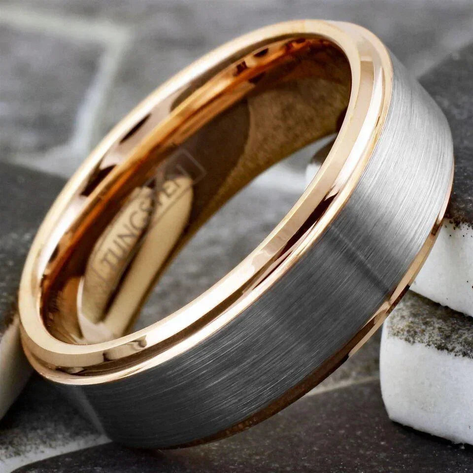 6mm Silver Tungsten Carbide Wedding Band Ring for Men & Women – Rose Gold Plated Brushed Center Design - Jewelry Store by Erik Rayo