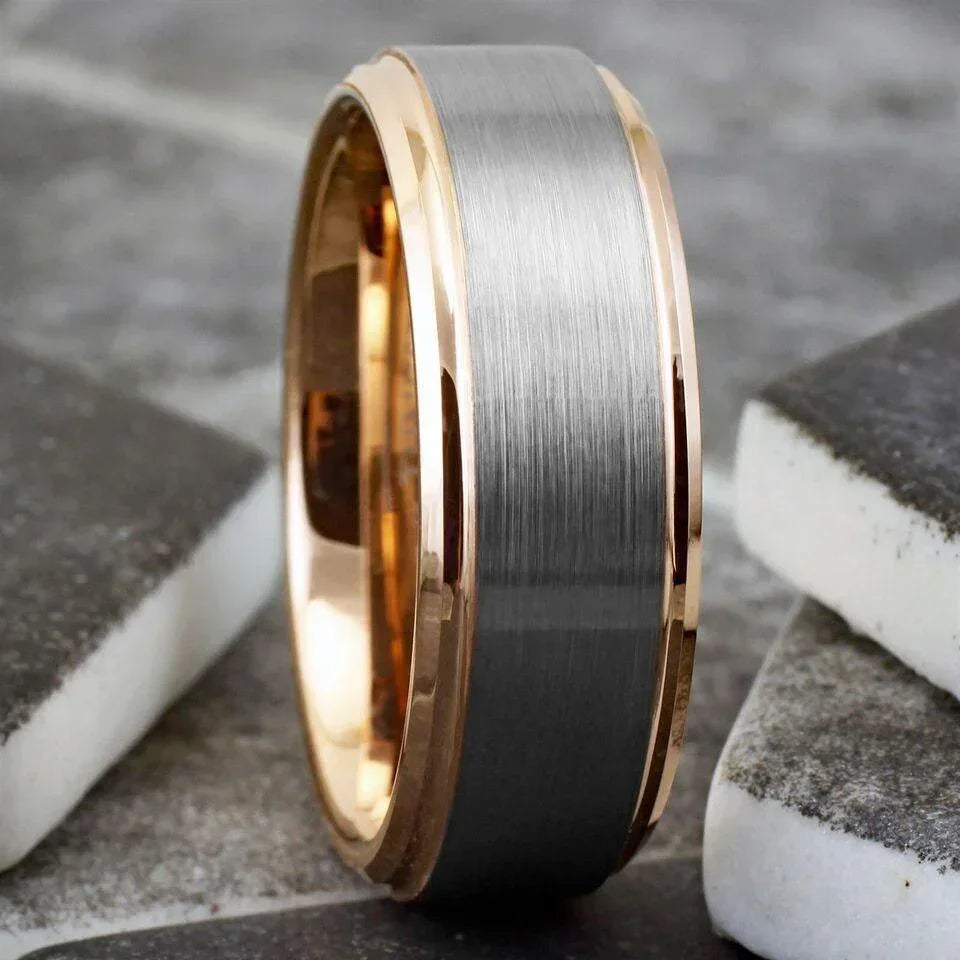 6mm Silver Tungsten Carbide Wedding Band Ring for Men & Women – Rose Gold Plated Brushed Center Design - Jewelry Store by Erik Rayo