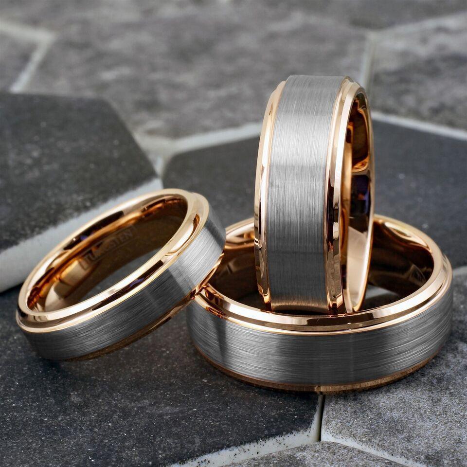 6mm Silver Tungsten Carbide Wedding Band Ring for Men & Women – Rose Gold Plated Brushed Center Design - Jewelry Store by Erik Rayo