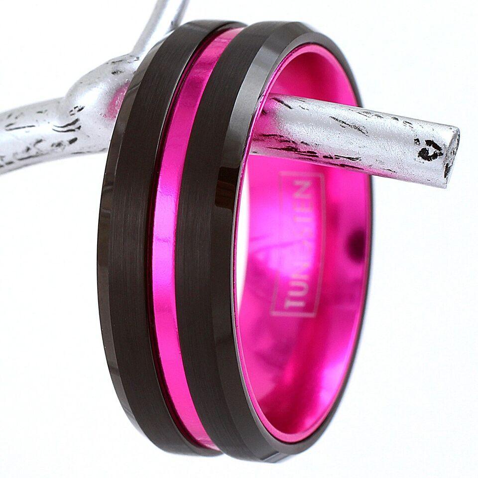 Men's Wedding Band Rings - Black Pink Line Stripe - Wedding Rings for Men and Women