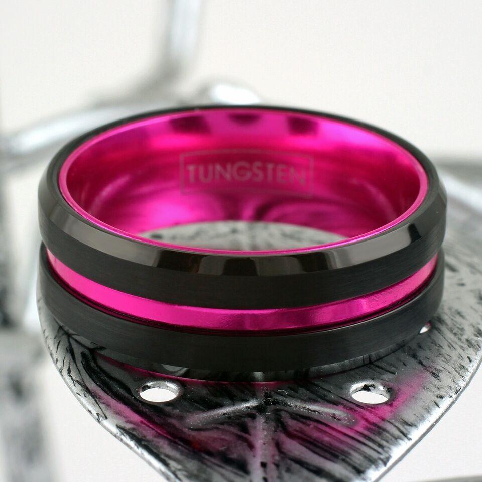 Men's Wedding Band Rings - Black Pink Line Stripe - Wedding Rings for Men and Women