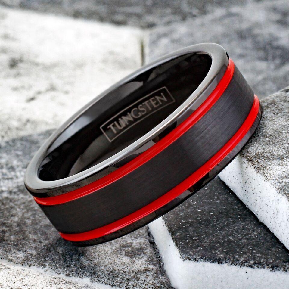 Men's Wedding Band Rings with Double Red Racing Stripes - Wedding Rings for Men and Women - Jewelry Store by Erik Rayo