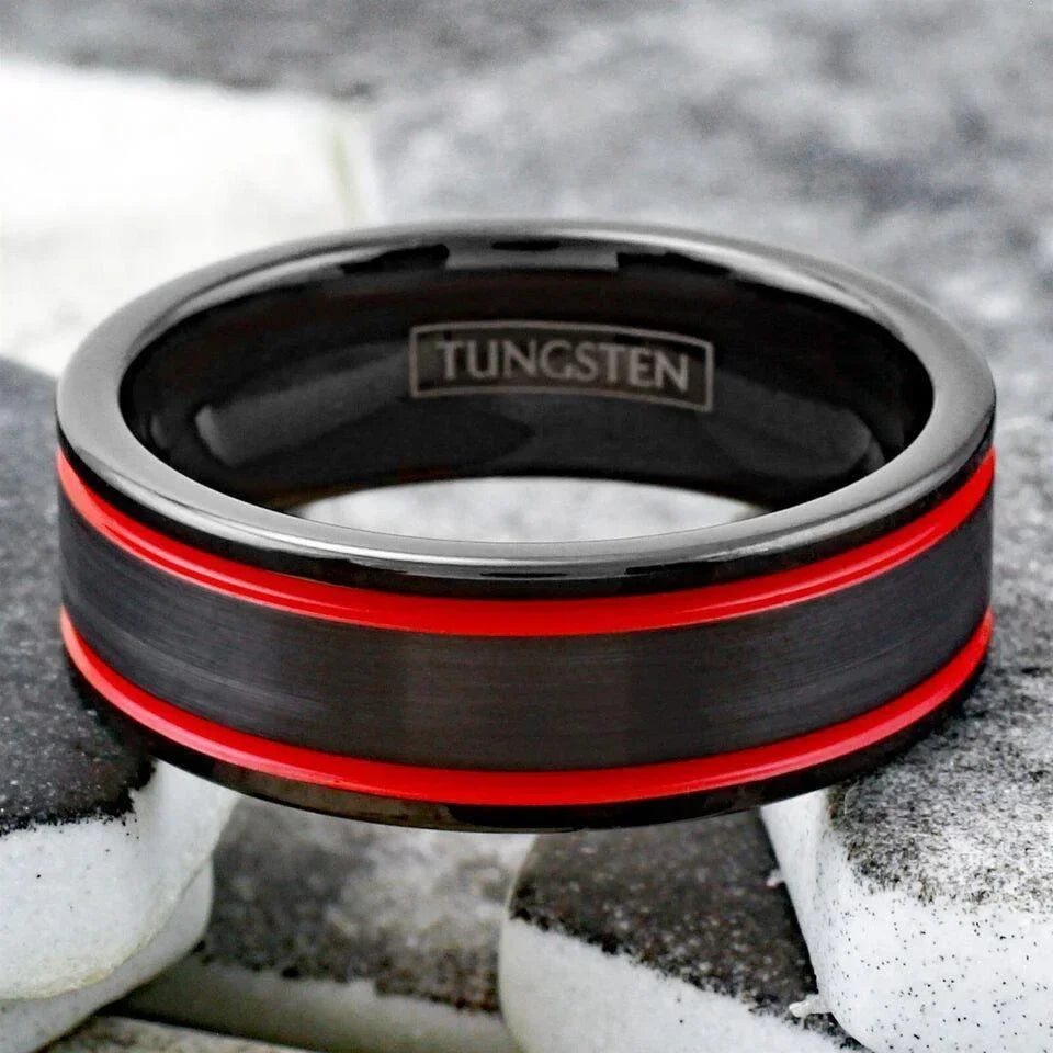 Men's Wedding Band Rings with Double Red Racing Stripes - Wedding Rings for Men and Women - Jewelry Store by Erik Rayo