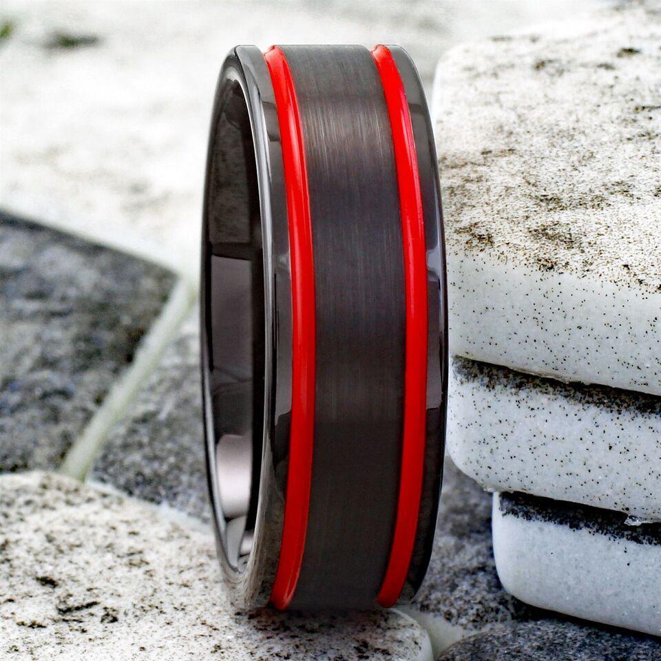 Men's Wedding Band Rings with Double Red Racing Stripes - Wedding Rings for Men and Women - Jewelry Store by Erik Rayo