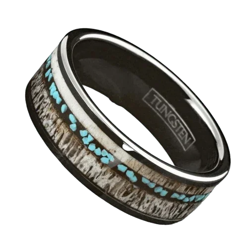 Men's Black Tungsten Carbide Wedding Band with Deer Antler and Turquoise Inlay - Men's Wedding Ring - Women's Wedding Ring - Jewelry Store by Erik Rayo