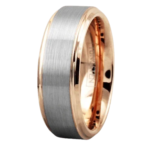 6mm Silver Tungsten Carbide Wedding Band Ring for Men & Women – Rose Gold Plated Brushed Center Design - Jewelry Store by Erik Rayo