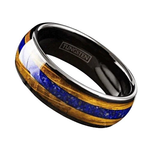 Men's Wedding Band Ring - Black Blue Lapis Lazuli & Whiskey Barrel - Wedding Rings for Men and Women - Jewelry Store by Erik Rayo