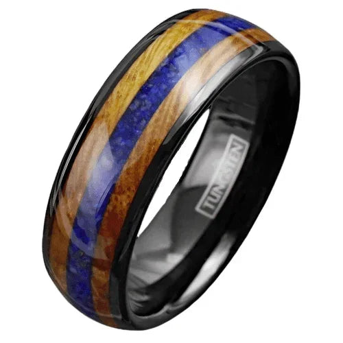 Men's Wedding Band Ring - Black Blue Lapis Lazuli & Whiskey Barrel - Wedding Rings for Men and Women - Jewelry Store by Erik Rayo