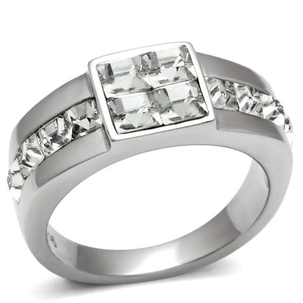 Rings for Men Silver Stainless Steel TK487 with Top Grade Crystal in Clear - Jewelry Store by Erik Rayo