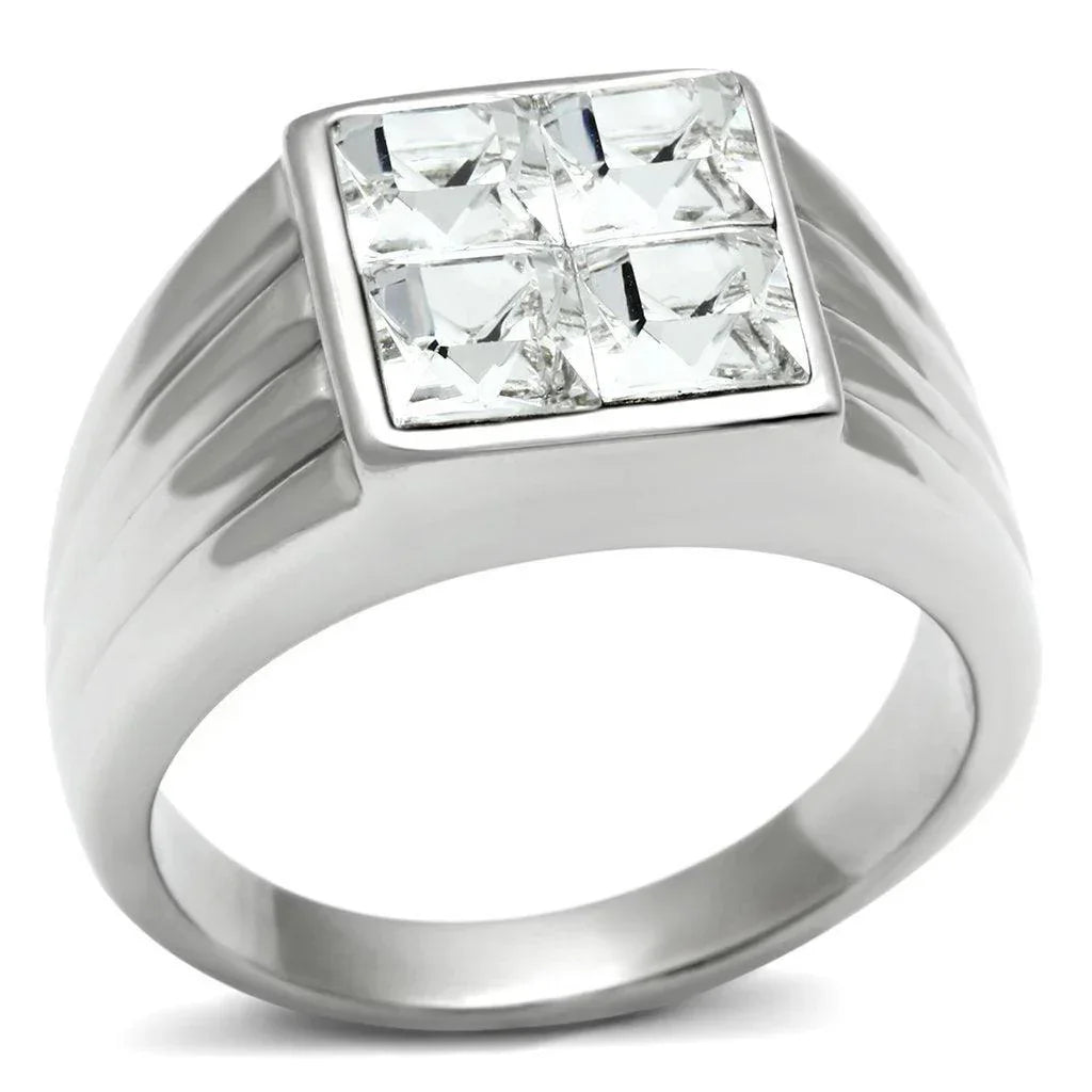Rings for Men Silver Stainless Steel TK489 with Top Grade Crystal in Clear - Jewelry Store by Erik Rayo