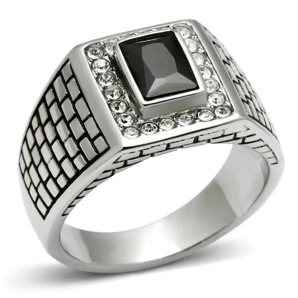 Rings for Men Silver Stainless Steel TK494 with AAA Grade Cubic Zirconia in Jet - Jewelry Store by Erik Rayo