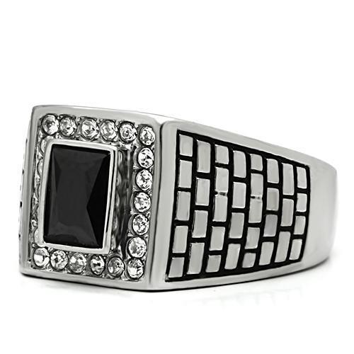 Rings for Men Silver Stainless Steel TK494 with AAA Grade Cubic Zirconia in Jet - Jewelry Store by Erik Rayo