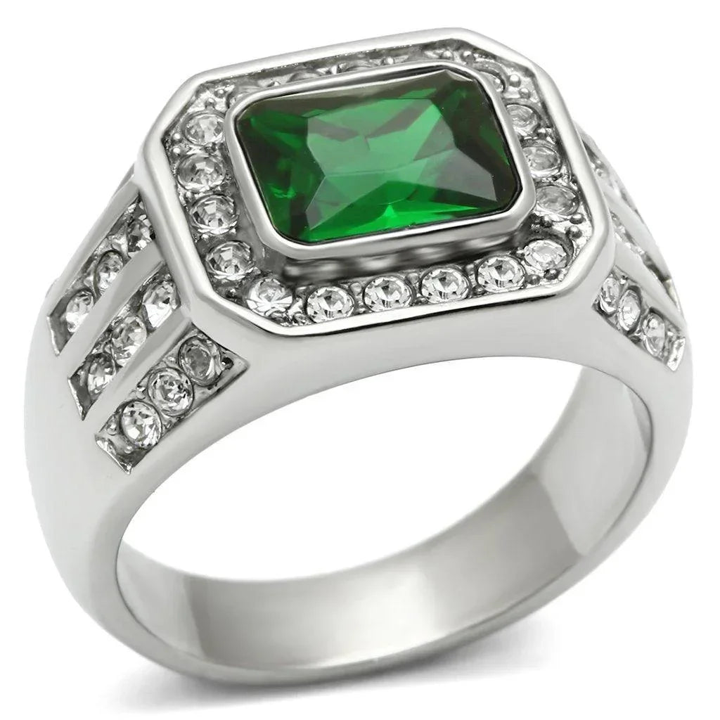 Rings for Men Silver Stainless Steel TK495 with Glass in Emerald - Jewelry Store by Erik Rayo