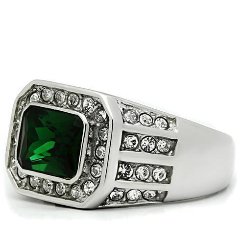 Rings for Men Silver Stainless Steel TK495 with Glass in Emerald - Jewelry Store by Erik Rayo