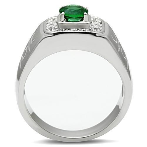 Rings for Men Silver Stainless Steel TK496 with Glass in Emerald - Jewelry Store by Erik Rayo