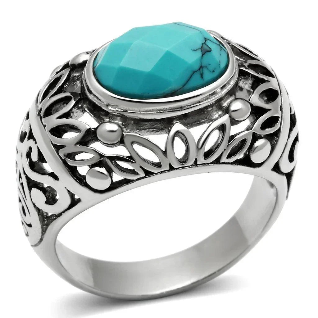 Rings for Men Silver Stainless Steel TK498 with Turquoise in Sea Blue - Jewelry Store by Erik Rayo