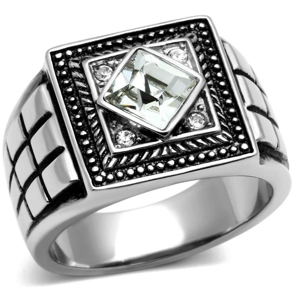Rings for Men Silver Stainless Steel TK589 with Top Grade Crystal in Clear - Jewelry Store by Erik Rayo