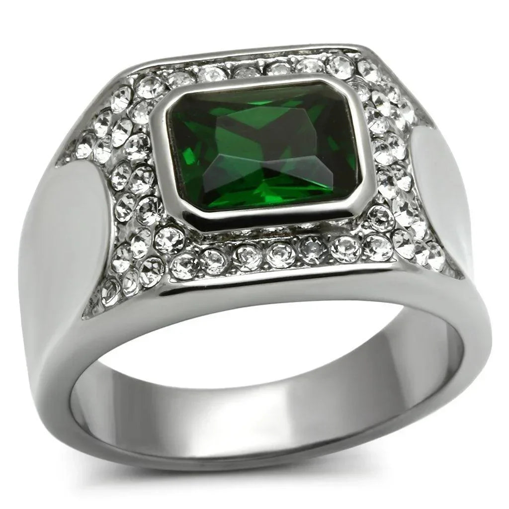 Rings for Men Silver Stainless Steel TK590 with Glass in Emerald - Jewelry Store by Erik Rayo