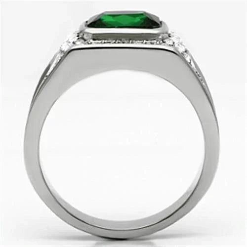 Rings for Men Silver Stainless Steel TK590 with Glass in Emerald - Jewelry Store by Erik Rayo