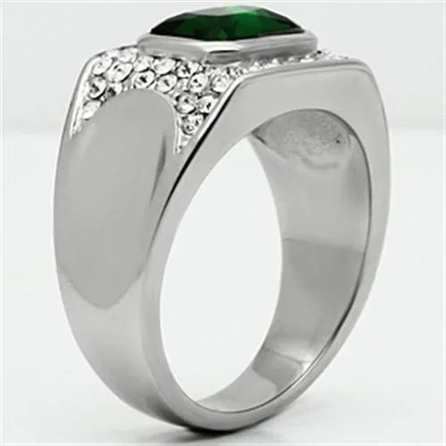 Rings for Men Silver Stainless Steel TK590 with Glass in Emerald - Jewelry Store by Erik Rayo