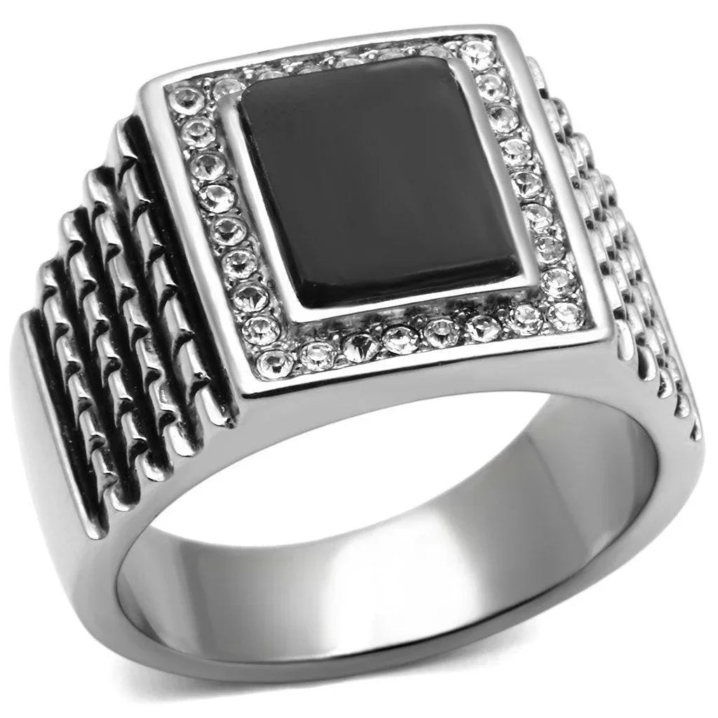 Rings for Men Silver Stainless Steel TK592 with Stone in Jet - Jewelry Store by Erik Rayo