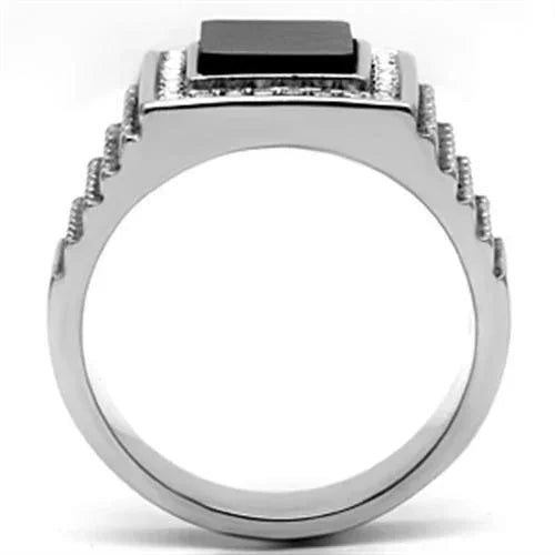 Rings for Men Silver Stainless Steel TK592 with Stone in Jet - Jewelry Store by Erik Rayo