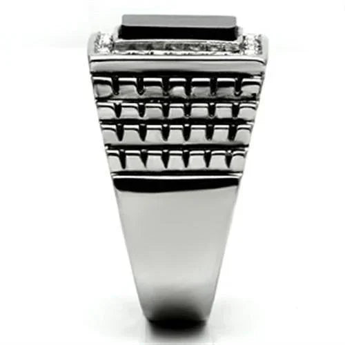 Rings for Men Silver Stainless Steel TK592 with Stone in Jet - Jewelry Store by Erik Rayo