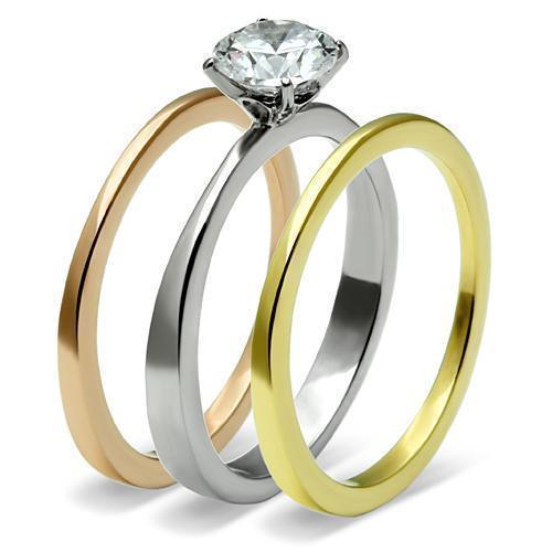 Silver Rings for Women Stainless Steel TK620 Three-Tone IP Stainless Steel Ring with AAA Grade Cubic Zirconia in Clear - Jewelry Store by Erik Rayo