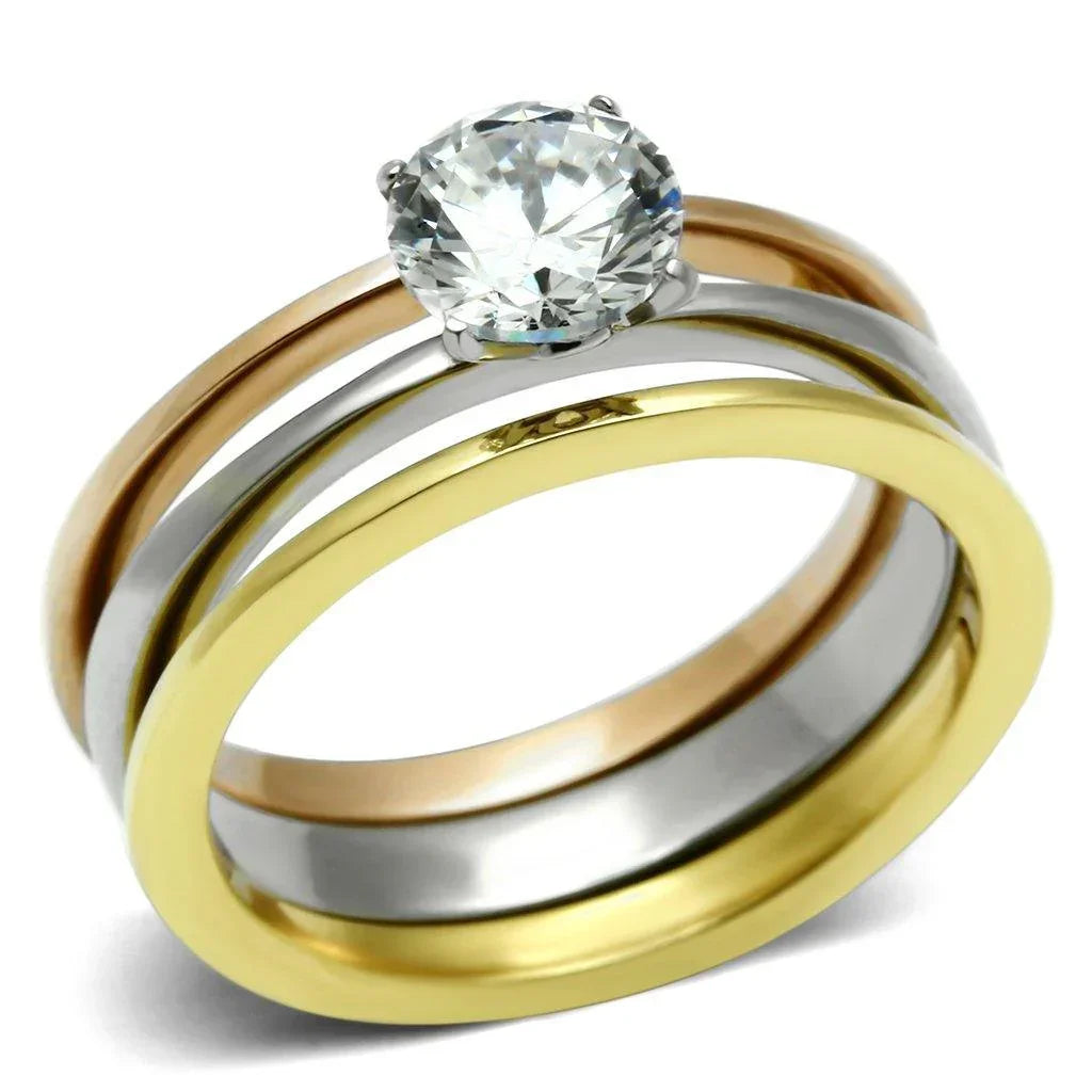 Silver Rings for Women Stainless Steel TK620 Three-Tone IP Stainless Steel Ring with AAA Grade Cubic Zirconia in Clear - Jewelry Store by Erik Rayo