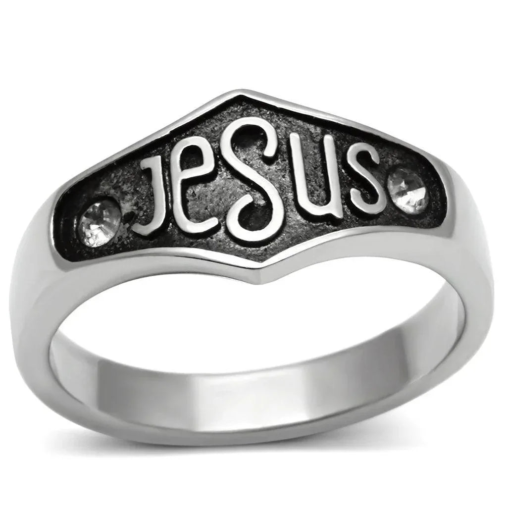 Jesus Ring for Men and Women Stainless Steel Christian with Top Grade Crystal in Clear - Jewelry Store by Erik Rayo