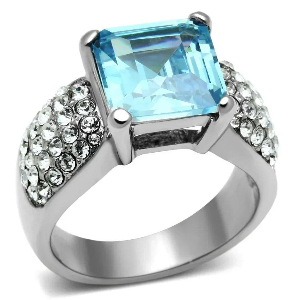 Silver Rings for Women Stainless Steel TK648 with Top Grade Crystal in Sea Blue - Jewelry Store by Erik Rayo