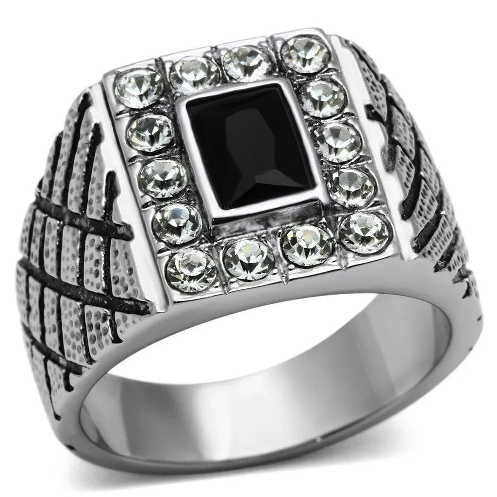 Rings for Men Silver Stainless Steel TK700 with Glass in Jet - Jewelry Store by Erik Rayo