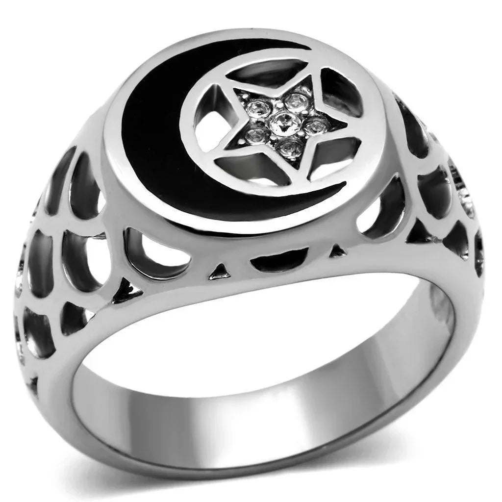 Rings for Men Silver Stainless Steel TK706 with Top Grade Crystal in Clear - Jewelry Store by Erik Rayo