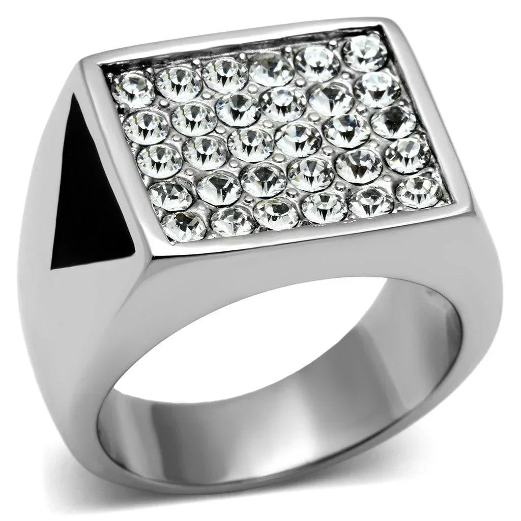 Rings for Men Silver Stainless Steel TK707 with Top Grade Crystal in Clear - Jewelry Store by Erik Rayo