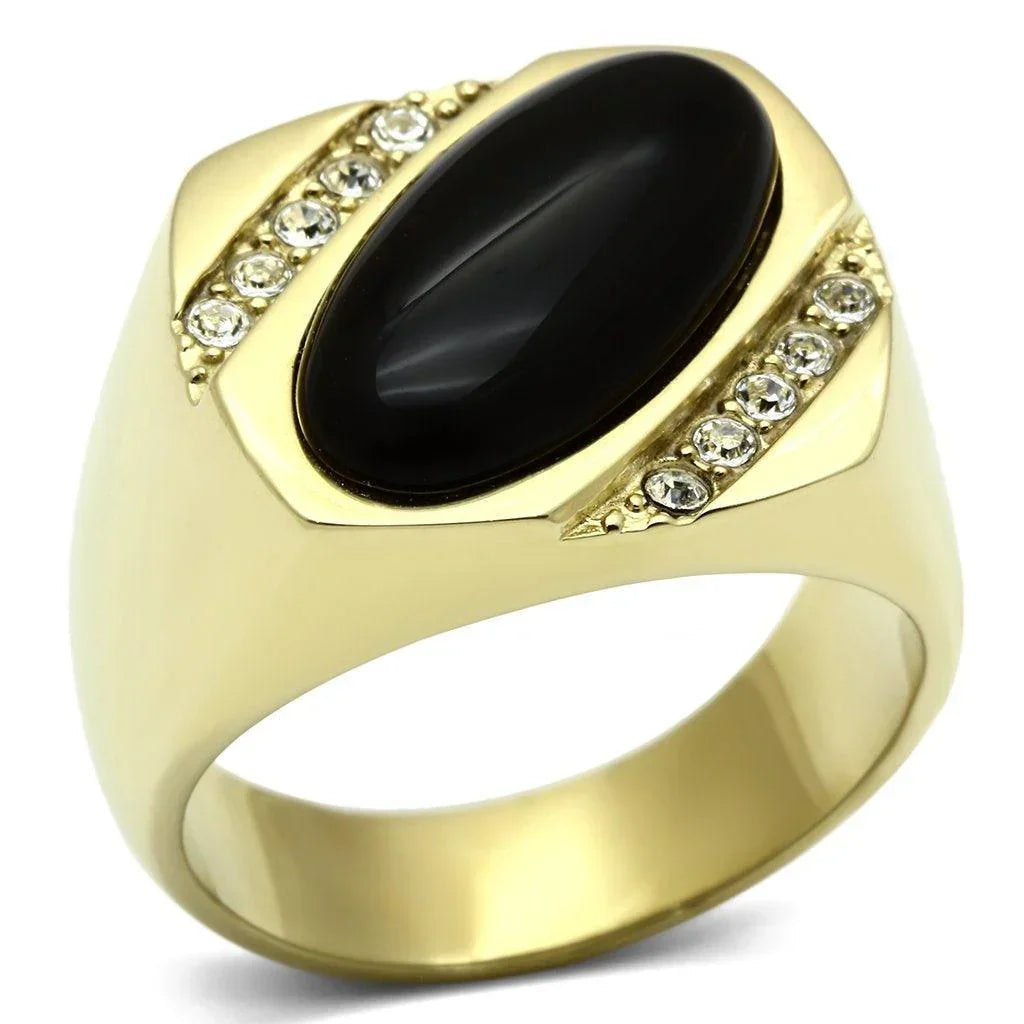 Gold Rings for Men Stainless Steel TK716 with Semi-Precious Onyx in Jet - Jewelry Store by Erik Rayo