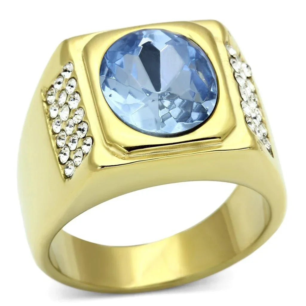 Gold Rings for Men Stainless Steel TK730 with Glass in Light Sapphire - Jewelry Store by Erik Rayo