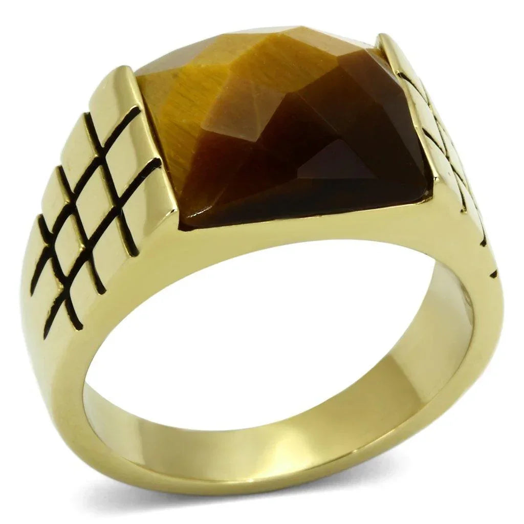 Gold Rings for Men Stainless Steel TK779 with Semi-Precious Tiger Eye in Topaz - Jewelry Store by Erik Rayo