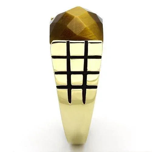 Gold Rings for Men Stainless Steel TK779 with Semi-Precious Tiger Eye in Topaz - Jewelry Store by Erik Rayo