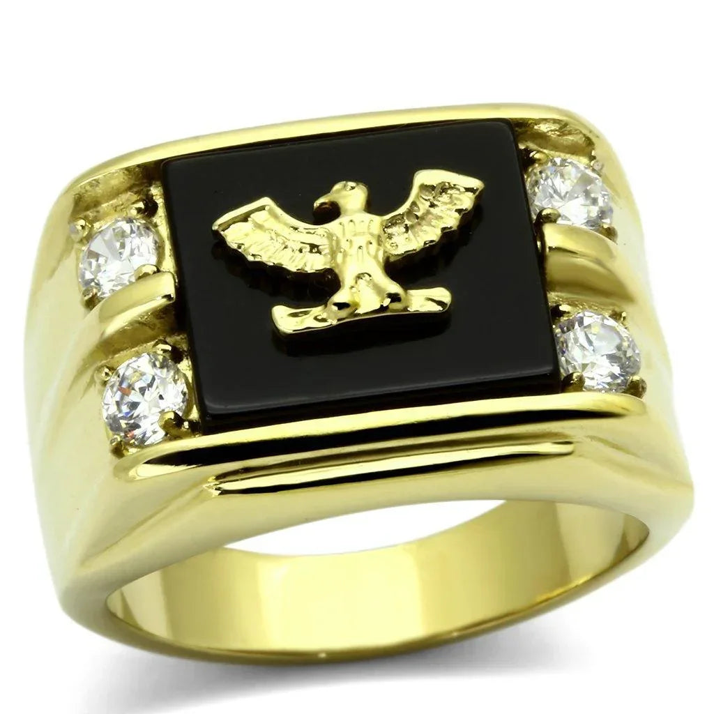 Gold Rings for Men Stainless Steel TK793 with Semi-Precious Agate in Jet - Jewelry Store by Erik Rayo