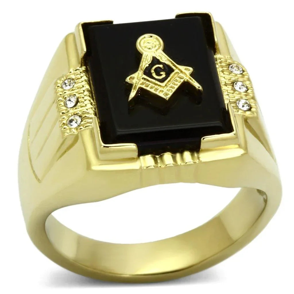 Gold Rings for Men Stainless Steel TK795 with Semi-Precious Agate in Jet - Jewelry Store by Erik Rayo