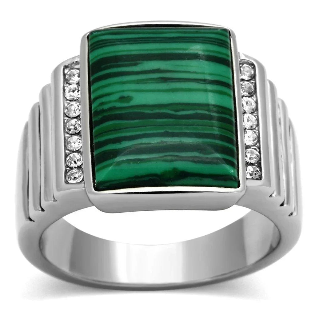 Rings for Men Silver Stainless Steel TK953 with MALACHITE in Emerald - Jewelry Store by Erik Rayo