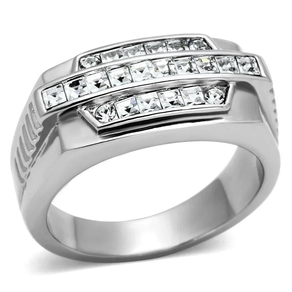 Rings for Men Silver Stainless Steel TK956 with Top Grade Crystal in Clear - Jewelry Store by Erik Rayo