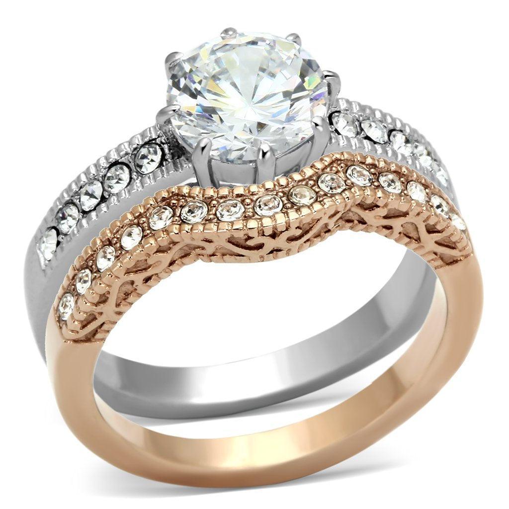Silver Rings for Women Stainless Steel TK966 Two-Tone IP Rose Gold Stainless Steel Ring with AAA Grade Cubic Zirconia in Clear - Jewelry Store by Erik Rayo